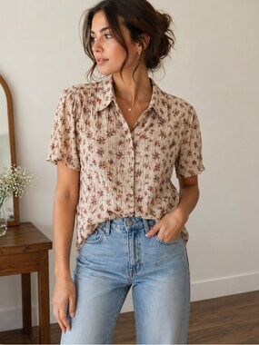 True Grit Beige Short-Sleeve Floral Button-Down Shirt